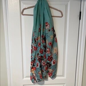 Vintage Teal Floral Scarf with Red and Cream Blooms